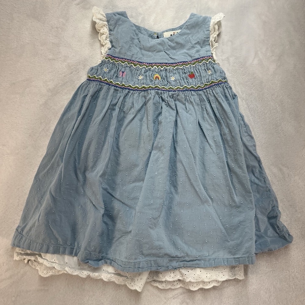 Mini Boden Smocked Embroidered Dress Girl 4-5Y Ruffle Sleeve Swiss Dots Crochet